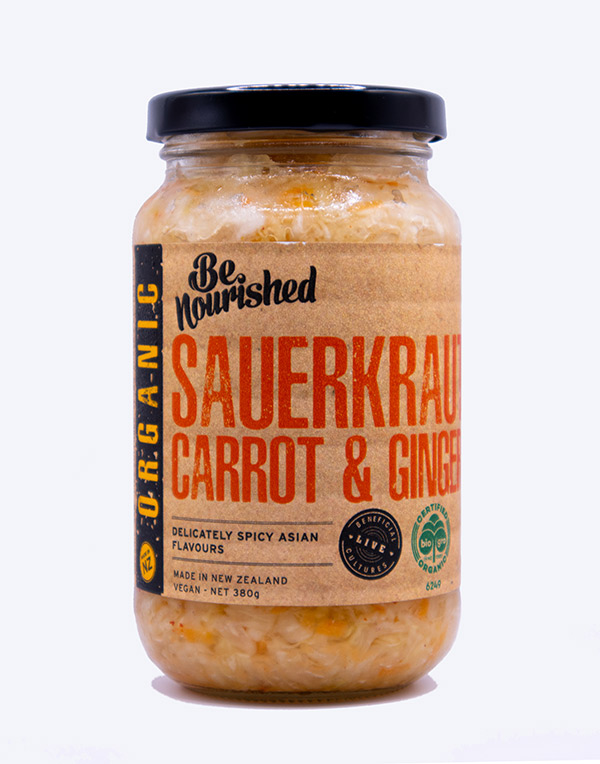 Jar of carrot and ginger sauerkraut