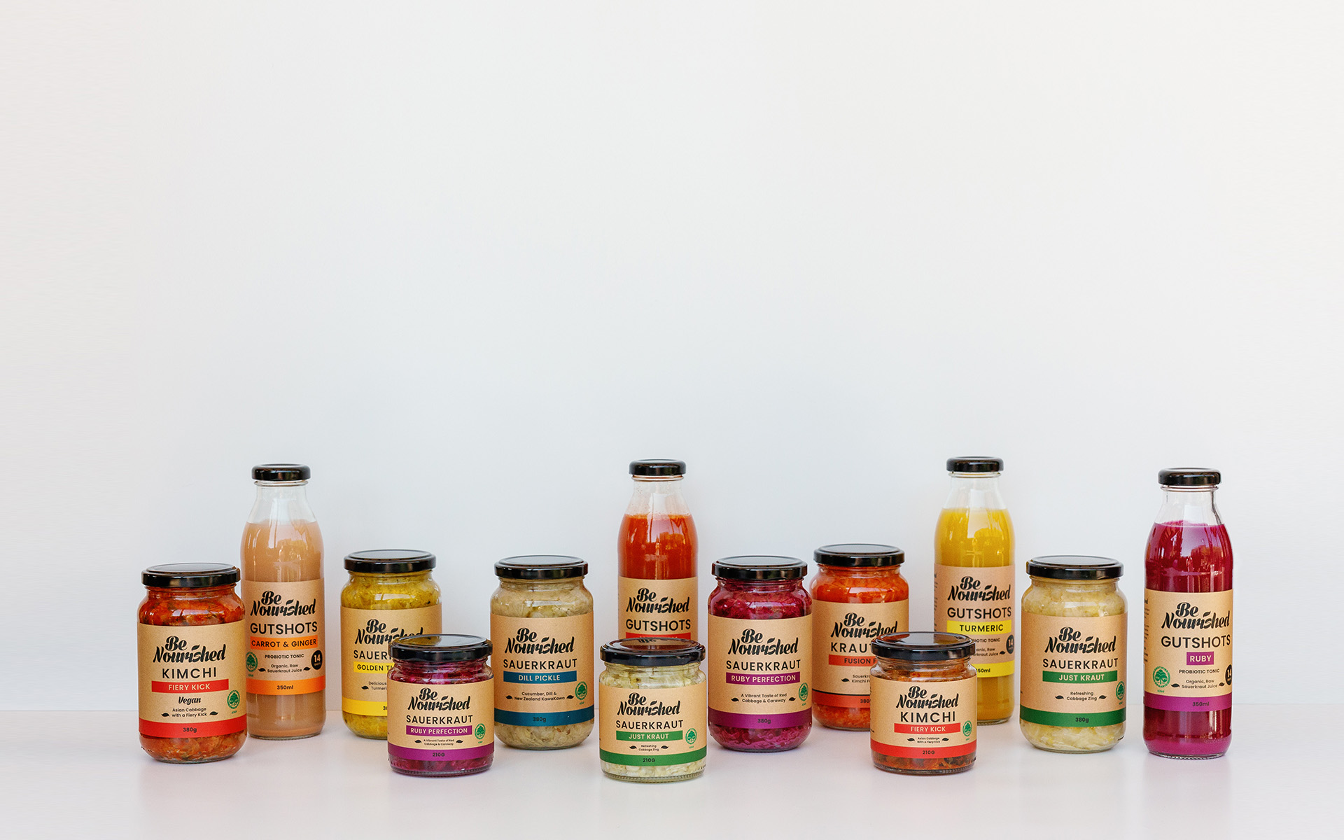 An array of all the different Benourished fermented products